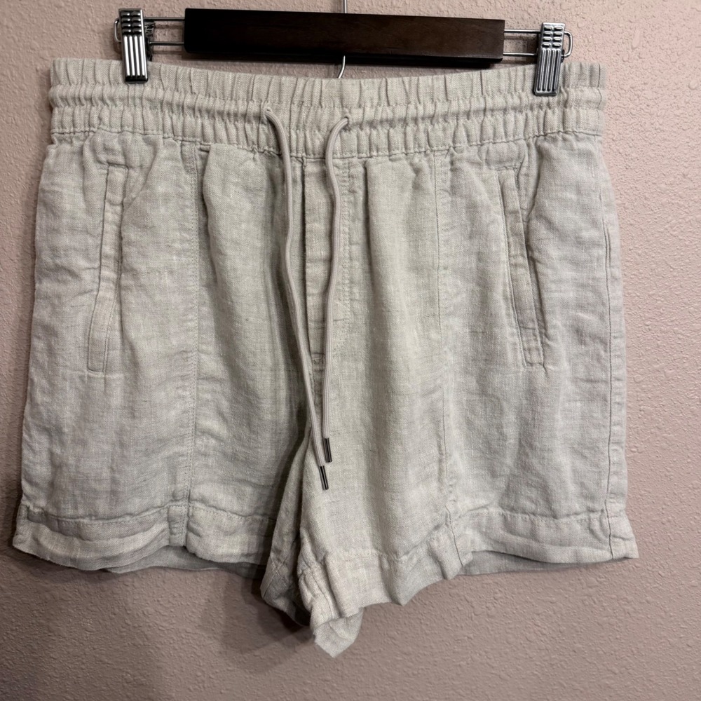 Athleta Womens Oatmeal Beige 100% Linen Drawstring Elastic Waist Shorts Size M